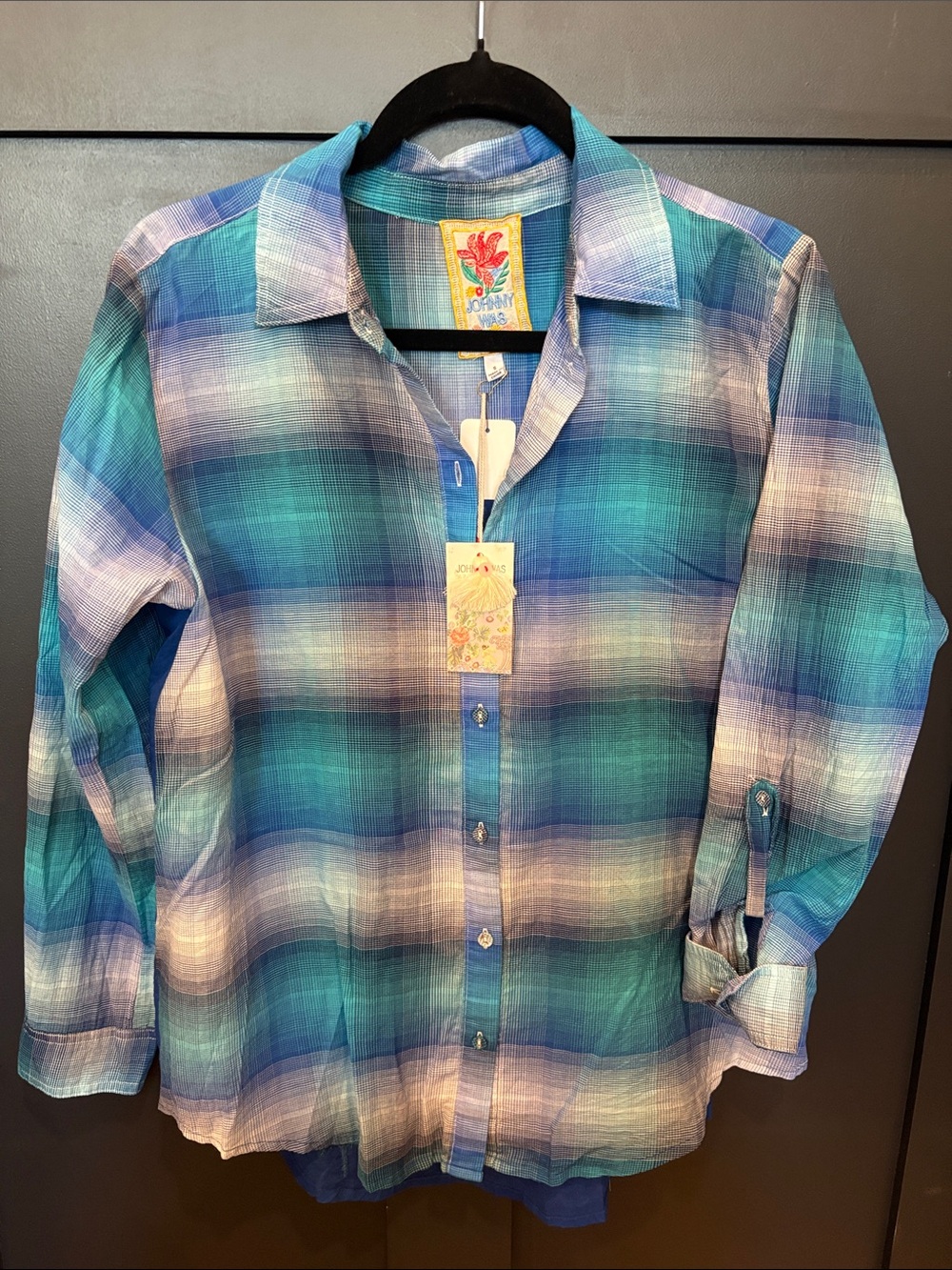 720. Johnny Was Teal & Blue Plaid Lightweight Button-Down Shirt